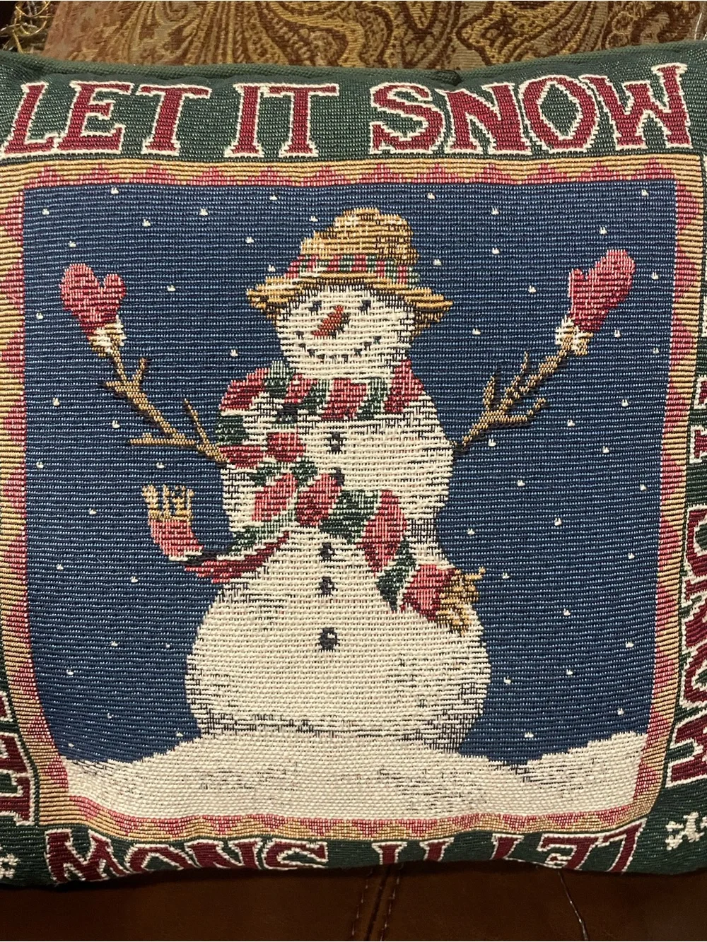 Vintage Holiday Tapestry Snowman Let it Snow Throw Pillow 11.5”